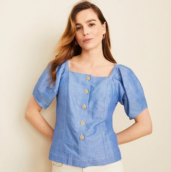 🆕💲 SALE 💲 Stylish Chambray Puff Sleeve Top - Picture 2 of 4